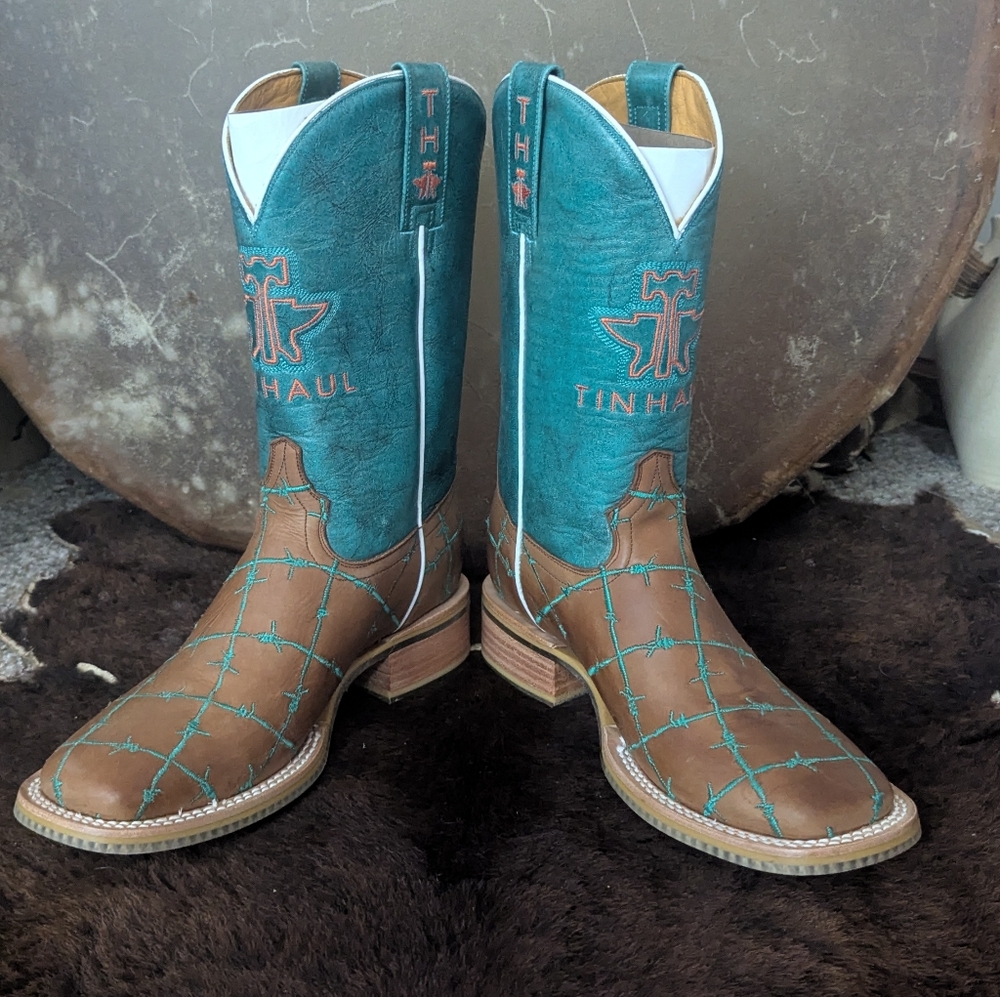 TIN HAUL "Barb'd Wire" turquoise & brown leather square toe cowgirl boots sz 7.5 - Picture 5 of 16